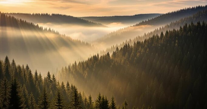 Forest landscape with sunlight streaming through foggy valley