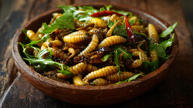 Fried silkworm pupae with chili and greens, savory stir fried insect snack served in wooden bowl, rustic Asian street food with glossy seasoning and aromatic herbs