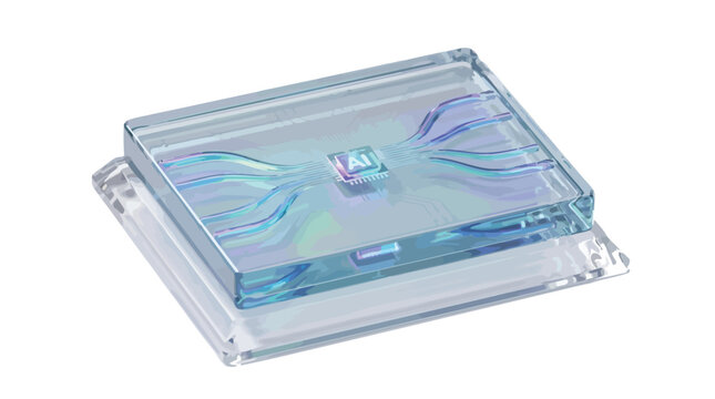 Close up of a glass box with a microchip and AI circuitry inside it