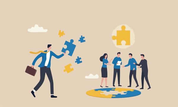 Finding jigsa teams together for new idea to solve self problem, challenge or inspiration concept, businessman finding jigsaw to complete himself