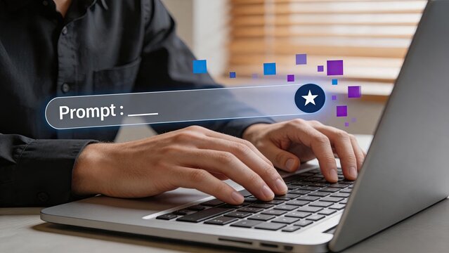 Person typing prompt into search bar on laptop keyboard, artificial intelligence interaction and text input concept for generative AI technology.