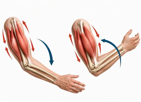 Illustration of arm muscle and bone showing elbow flexion and extension movement, highlighting biceps, triceps, and forearm anatomy.