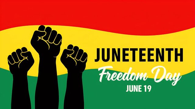 Juneteenth Freedom Day celebration with raised fists on pan-african color background