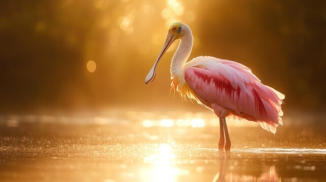 Pink bird wading in golden sunrise marsh (1)