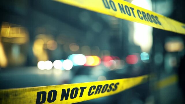 Crime scene investigation, emergency danger and security background, yellow police tape do not cross in blurred city night lights, true crime documentary and news concept