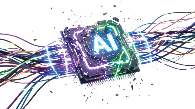 Glowing microchip with colorful wires and AI symbol exploding in a futuristic technological explosion scene