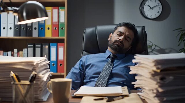 Man sleeping at desk with stacks of papers symbolizing corporate growth and leadership