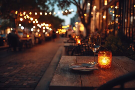 Cozy alfresco dining at twilight, candlelit table with shimmering background lights