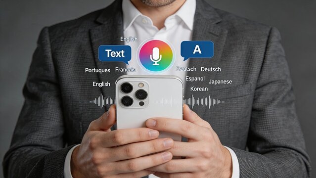Businessman using smartphone voice translation application, mobile phone displaying multi-language text to speech conversion interface with microphone icon, global communication