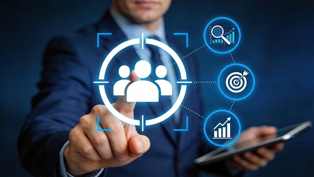 Digital marketing strategy concept, businessman pointing at target audience icon on virtual screen, connected to analytics charts, magnifying glass and goal target symbols,