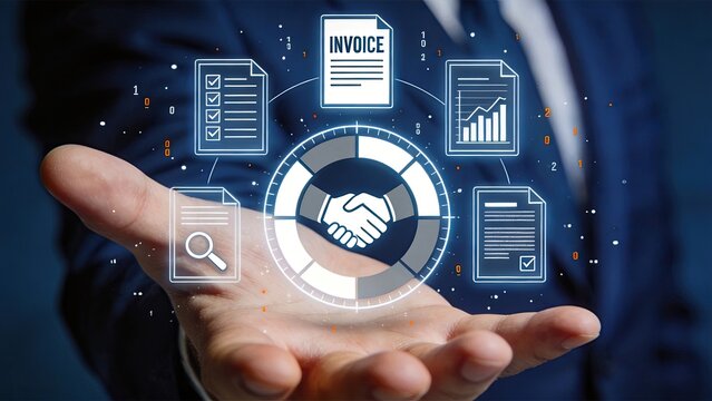 Digital contract agreement concept, holographic handshake symbol inside circular chart surrounded by invoice, checklist, search and report document icons, representing legal