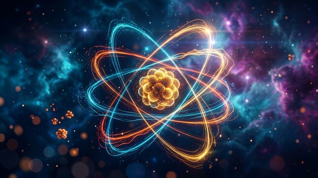 Atomic particles and energy waves featuring atoms and molecules with copy space.