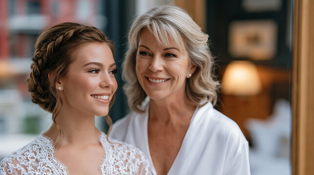 A stepmother braids her stepdaughter's hair before a second wedding ceremony in a sunlit hotel room, both looking in the mirror together, ideal for second marriages, blended family connection, and m