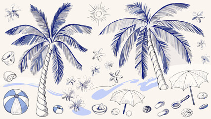 Obraz premium A tropical scene with palm trees seashells and beach accessories