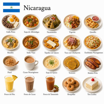 En la imagen se muestran los platos m&aacute;s famosos de la cocina nicarag&uuml;ense como gallo pinto, nacatamal, vigor&oacute;n y quesillo, destacando sabores tradicionales y recetas t&iacute;picas de Nicaragua.
