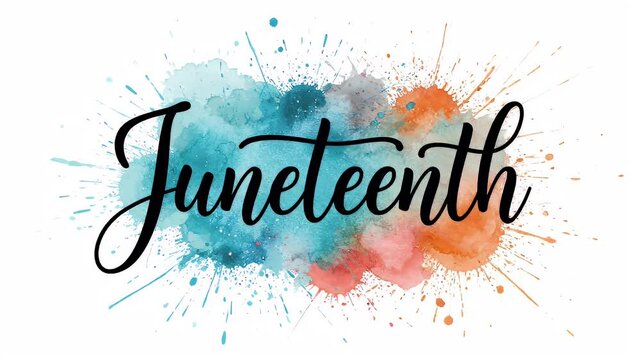 Juneteenth calligraphy text with colorful watercolor paint splashes on white surface