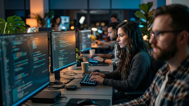 Software developers coding in a creative workspace showing teamwork and collaborative technology environment.