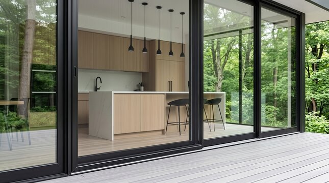 Contemporary sliding mosquito net door system installed on a wooden deck