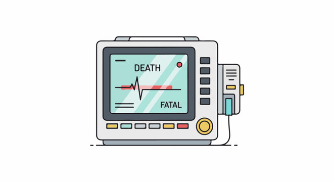 Medical monitor displays flatline with "DEATH" and "FATAL" text