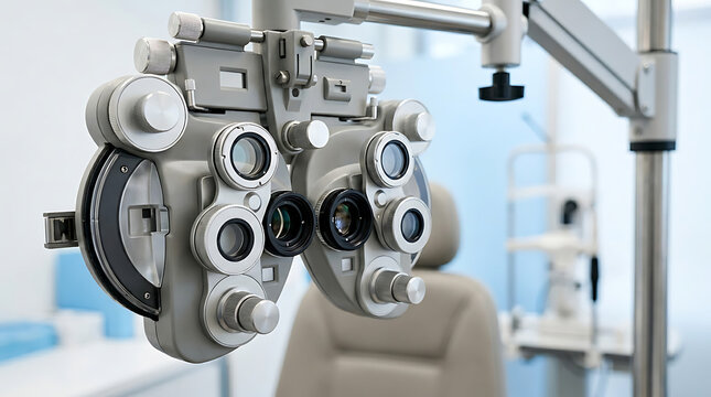 Close-up of an eye examination phoropter, a crucial medical instrument for vision testing