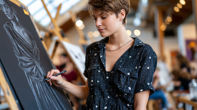 Fashion illustration student life drawing a model wearing draped fabric at a summer intensive workshop, easels in a semicircle under gallery skylights, charcoal and ink visible on neighboring boards