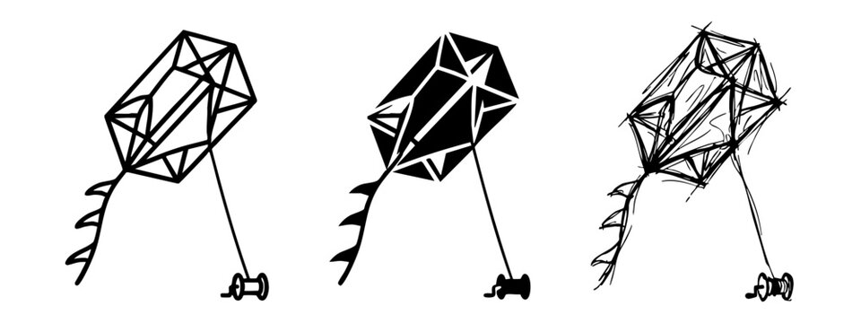 Set of three kite icons: geometric outline, solid black silhouette, and sketchy hand-drawn doodle style for summer activities and outdoor games