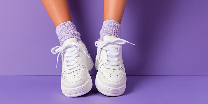 Woman Legs in White Sneakers on Violet Purple Background