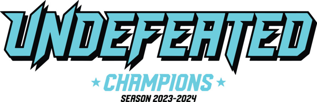 Undefeated champions season 2023-2024 sharp dynamic font star accents sports triumph winning.