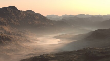 Obraz premium a realistic mountain sunrise landscape featuring craggy summits overlooking a broad sea of mist with pale dawn light spreading across the landscape, the warm light and layered haze create a serene ear