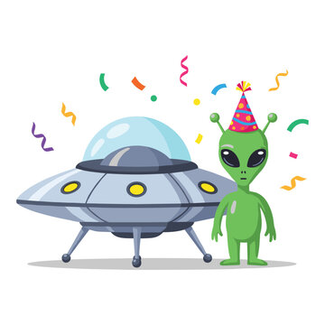 Happy alien in party hat next to UFO spaceship with confetti