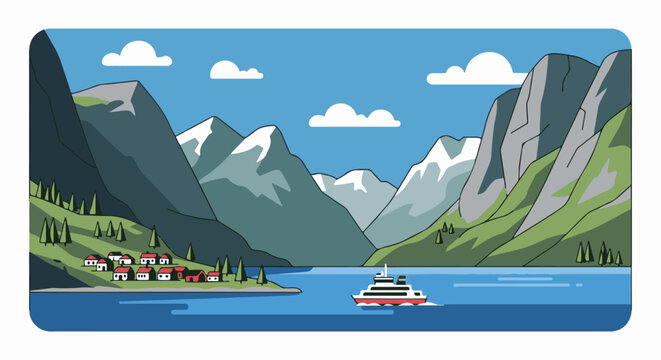 Mountainous fjord with village and ferry