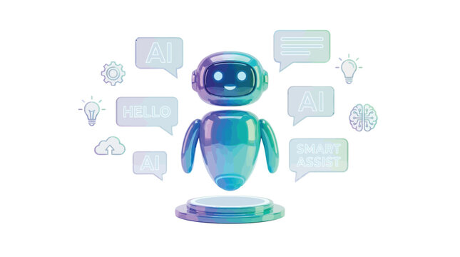 Colorful robot with speech bubbles representing artificial intelligence and smart assistance technology