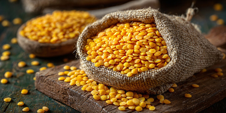 Yellow Lentils in Bag on Wooden Cutting Board