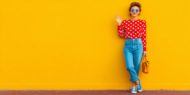 Young Glamorous Woman in Red Polka Dot Top Against Yellow Wall