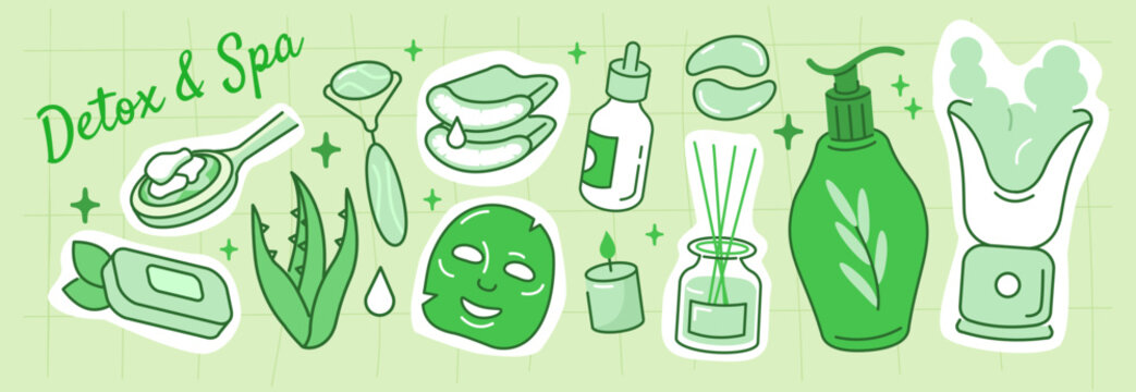 Detox and spa elements collage set. Aloe vera, clay face mask, jade roller and wellness objects collection. Self-care and beauty concept vector illustration.