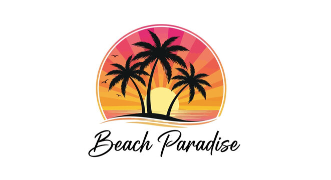 Tropical beach paradise logo with palm trees.