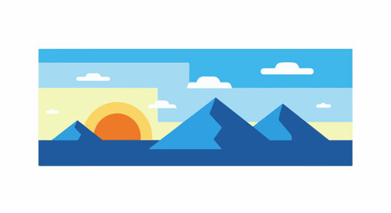 Obraz premium Minimalist landscape with rising sun over pyramid-like mountains under blue sky