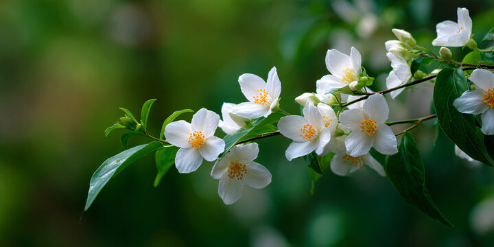 Jasmine Flower Branch with White Blooms and Green Leaves