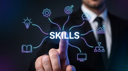 Obraz premium Businessman touching glowing skills text with digital icons, symbolizing professional development and corporate training for future success.