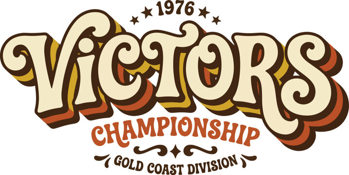 Retro victors championship 1976 gold coast division badge with vintage script and 3d shadow effect.