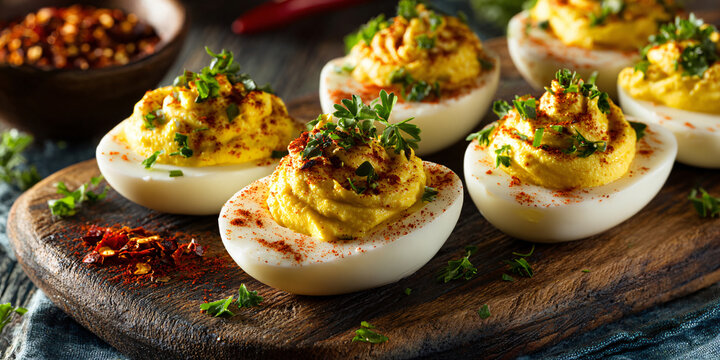 Classic Deviled Eggs Appetizer on Wooden Cutting Board