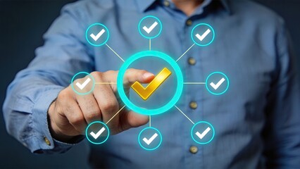 Fototapeta premium Hand pressing a glowing golden checkmark button surrounded by smaller verification ticks, representing approval, success, quality assurance, and task completion in a digital