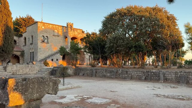 Filerimos ancient ruins glowing at sunset in Rhodes Greece