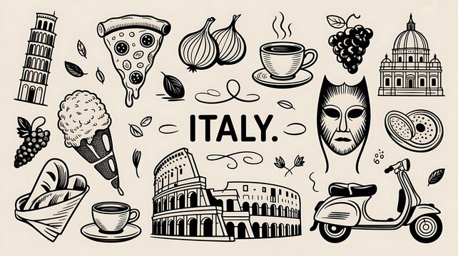  Hand-drawn vector illustration featuring various Italian cultural icons and landmarks