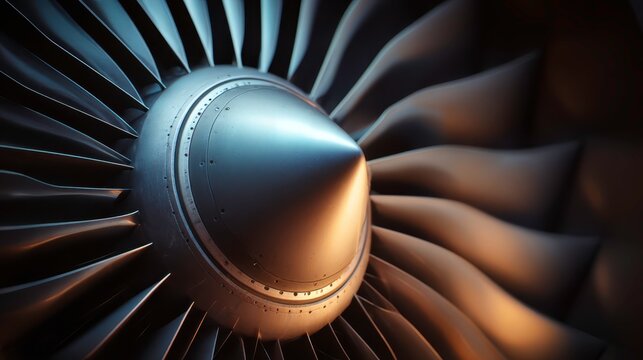 Close-Up of a Jet Engine Turbine with Metallic Blades and Design