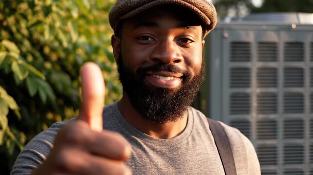 Man giving thumbs up outdoors highlighting geometric patterns and contemporary art