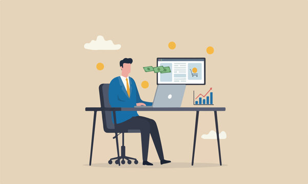 Make online commerce product online, affiliate marketing concept, businessman making money coins online website from computer laptop