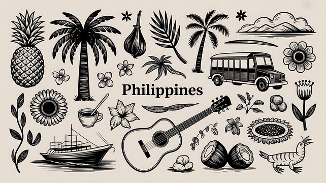 a hand-drawn cultural symbol set featuring "Philippines" in the center