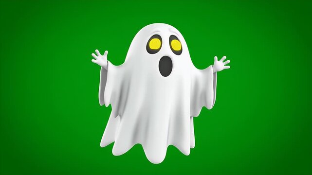 Cartoon ghost character with yellow eyes floating on a green screen background scene