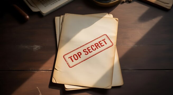 Top Secret confidential document envelope with red classified stamp.
